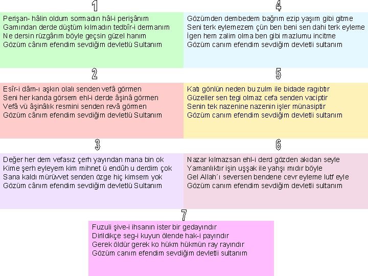 Perişan- hâlin oldum sormadın hâl-i perişânım Gamından derde düştüm kılmadın tedbîr-i dermanım Ne dersin