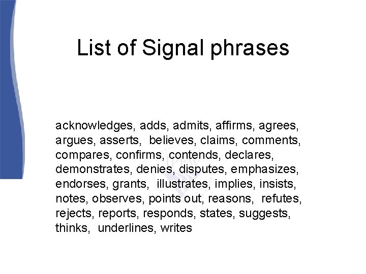 List of Signal phrases acknowledges, adds, admits, affirms, agrees, argues, asserts, believes, claims, comments,