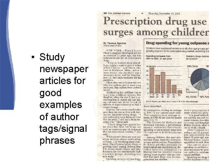 Clue: • Study newspaper articles for good examples of author tags/signal phrases 