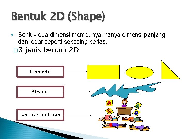 Bentuk 2 D (Shape) • Bentuk dua dimensi mempunyai hanya dimensi panjang dan lebar