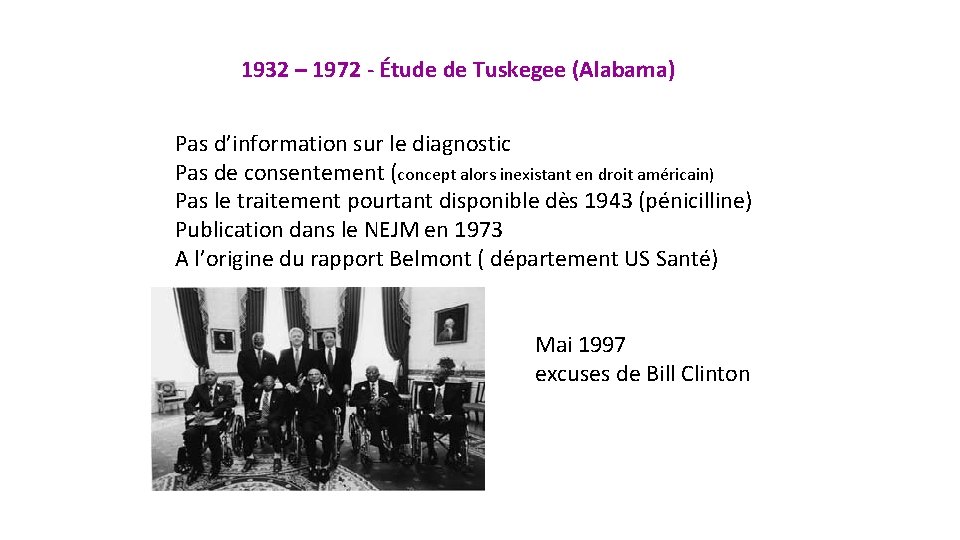 1932 – 1972 - Étude de Tuskegee (Alabama) Pas d’information sur le diagnostic Pas