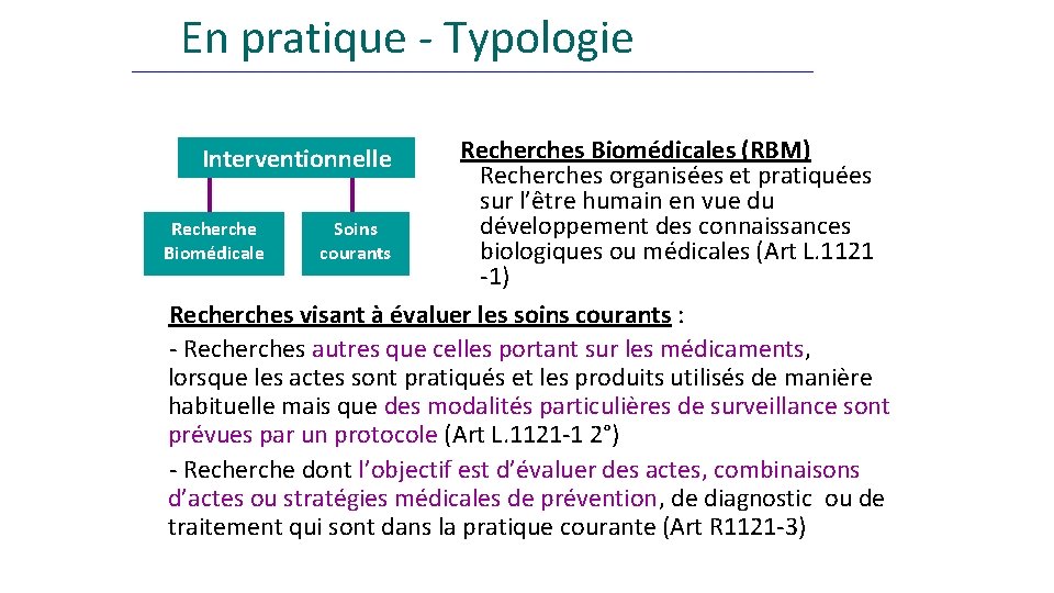 En pratique - Typologie Recherche clinique Recherches Biomédicales (RBM) Recherches organisées et pratiquées sur