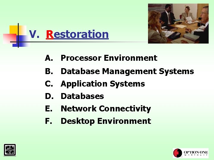 V. Restoration A. Processor Environment B. C. D. E. F. Database Management Systems Application