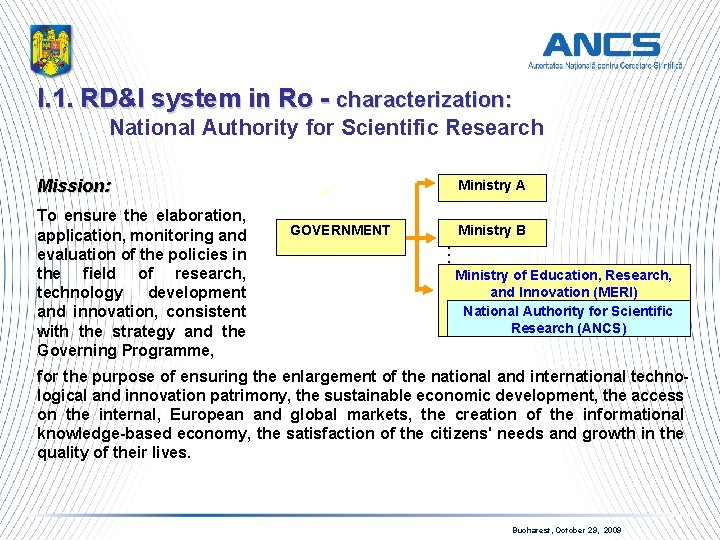 I. 1. RD&I system in Ro - characterization: National Authority for Scientific Research Mission: