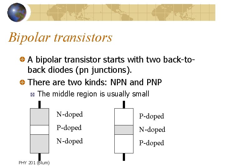 Bipolar transistors A bipolar transistor starts with two back-toback diodes (pn junctions). There are