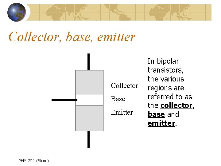 Collector, base, emitter Collector Base Emitter PHY 201 (Blum) In bipolar transistors, the various