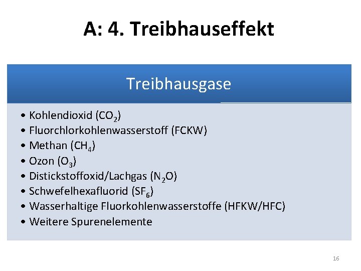 A: 4. Treibhauseffekt Treibhausgase • Kohlendioxid (CO 2) • Fluorchlorkohlenwasserstoff (FCKW) • Methan (CH