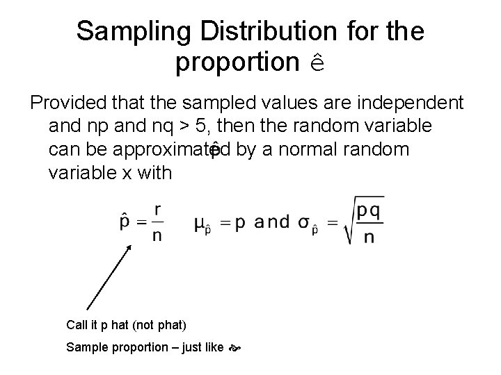 Sampling Distribution for the proportion ê Provided that the sampled values are independent and