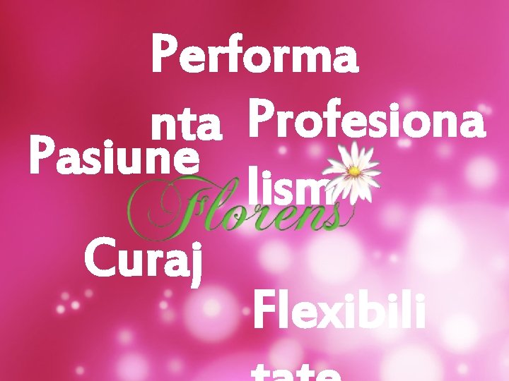Performa nta Profesiona Pasiune lism Curaj Flexibili Performa nta Profesiona Pasiune lism Curaj Flexibili