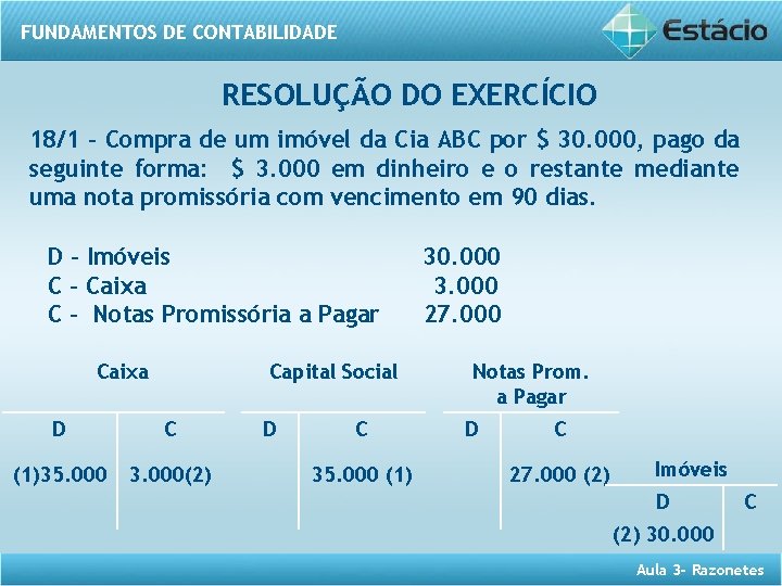 FUNDAMENTOS DE CONTABILIDADE RESOLUÇÃO DO EXERCÍCIO 18/1 – Compra de um imóvel da Cia
