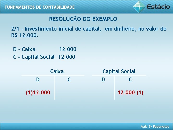 FUNDAMENTOS DE CONTABILIDADE RESOLUÇÃO DO EXEMPLO 2/1 – Investimento inicial de capital, em dinheiro,