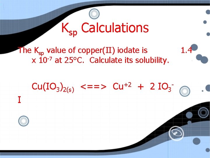 Ksp Calculations The Ksp value of copper(II) iodate is x 10 -7 at 25°C.