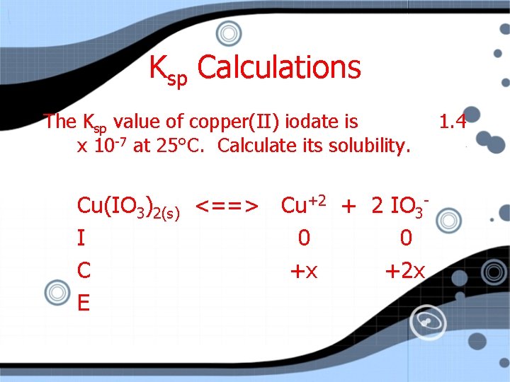Ksp Calculations The Ksp value of copper(II) iodate is x 10 -7 at 25°C.