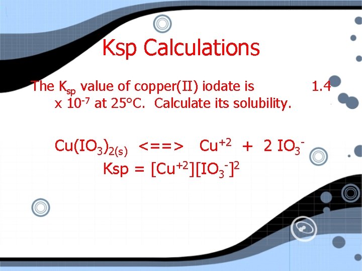 Ksp Calculations The Ksp value of copper(II) iodate is x 10 -7 at 25°C.