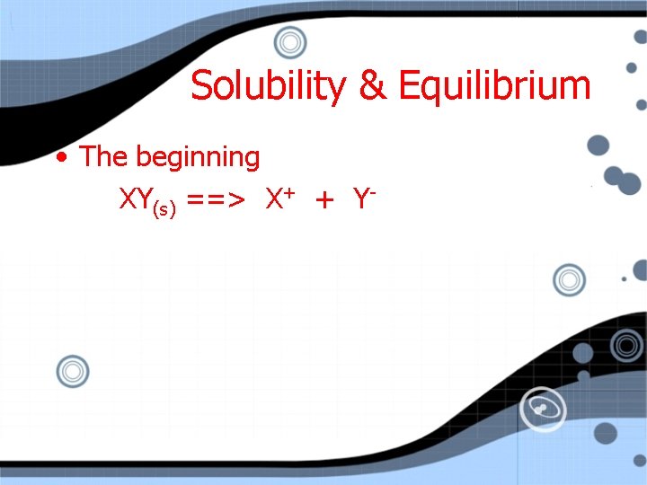 Solubility & Equilibrium • The beginning XY(s) ==> X+ + Y- 