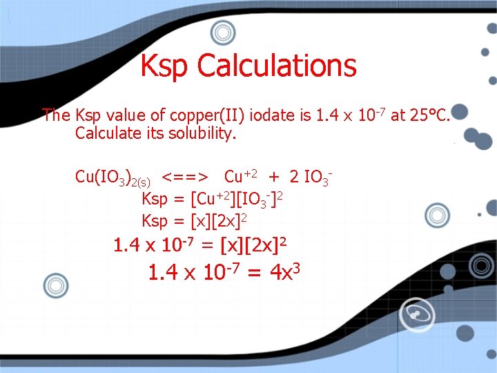 Ksp Calculations The Ksp value of copper(II) iodate is 1. 4 x 10 -7