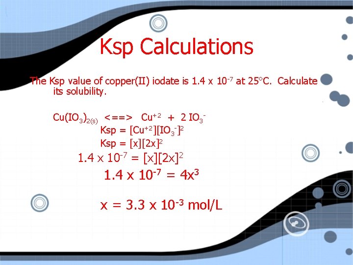 Ksp Calculations The Ksp value of copper(II) iodate is 1. 4 x 10 -7