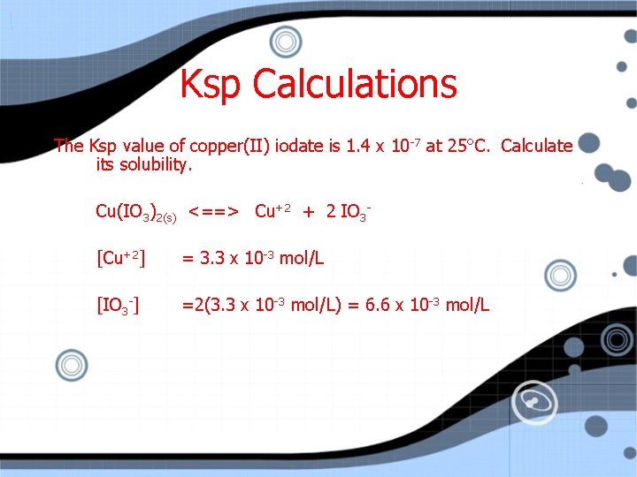 Ksp Calculations The Ksp value of copper(II) iodate is 1. 4 x 10 -7