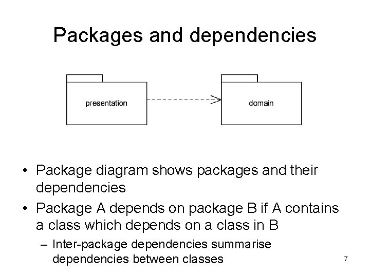 Packages and dependencies • Package diagram shows packages and their dependencies • Package A