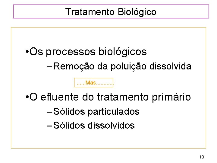 Tratamento Biológico • Os processos biológicos – Remoção da poluição dissolvida. . . Mas.
