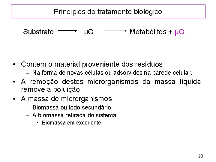 Princípios do tratamento biológico Substrato µO Metabólitos + µO • Contem o material proveniente