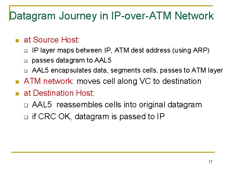 Datagram Journey in IP-over-ATM Network n at Source Host: q q q n n