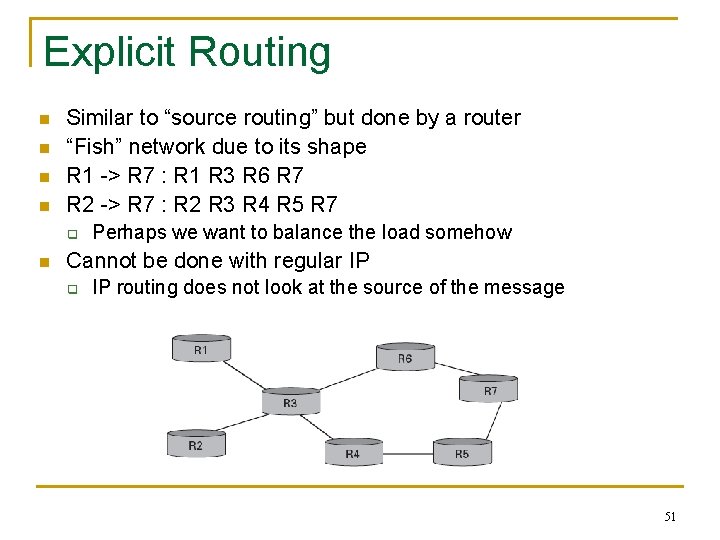 Explicit Routing n n Similar to “source routing” but done by a router “Fish”