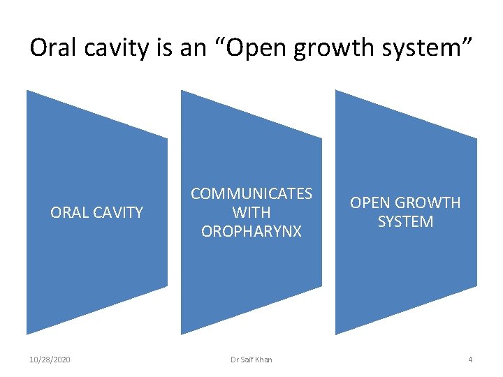 Oral cavity is an “Open growth system” ORAL CAVITY 10/28/2020 COMMUNICATES WITH OROPHARYNX Dr