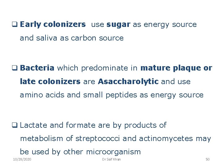 q Early colonizers use sugar as energy source and saliva as carbon source q