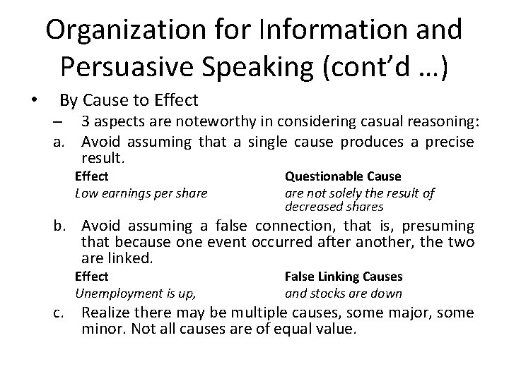 Organization for Information and Persuasive Speaking (cont’d …) • By Cause to Effect –