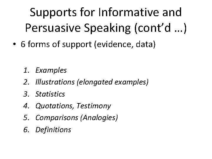 Supports for Informative and Persuasive Speaking (cont’d …) • 6 forms of support (evidence,