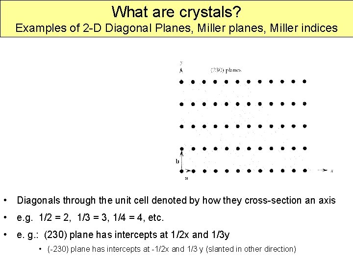 What are crystals? Examples of 2 -D Diagonal Planes, Miller planes, Miller indices •