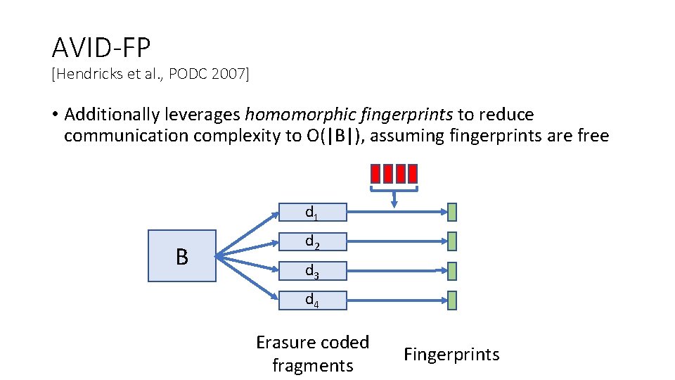 AVID-FP [Hendricks et al. , PODC 2007] • Additionally leverages homomorphic fingerprints to reduce