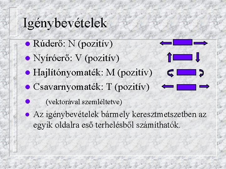 Igénybevételek Rúderő: N (pozitív) l Nyíróerő: V (pozitív) l Hajlítónyomaték: M (pozitív) l Csavarnyomaték: