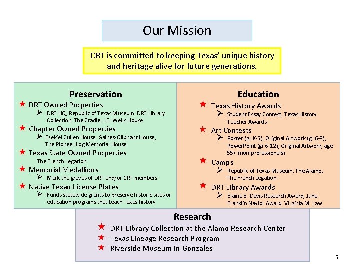Our Mission DRT is committed to keeping Texas’ unique history and heritage alive for