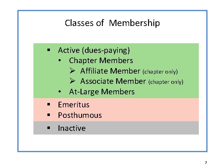 Classes of Membership § Active (dues-paying) • Chapter Members Ø Affiliate Member (chapter only)
