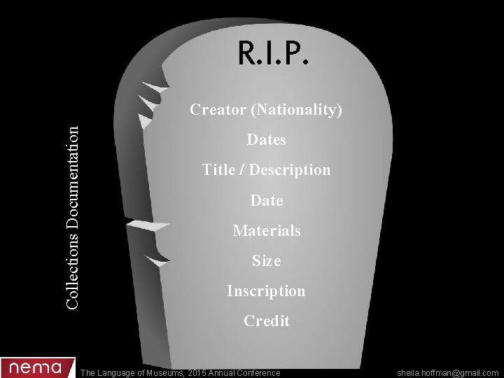 R. I. P. Collections Documentation Creator (Nationality) Dates Title / Description Date Materials Size