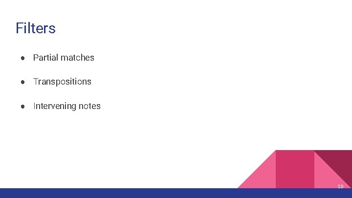 Filters ● Partial matches ● Transpositions ● Intervening notes 20 