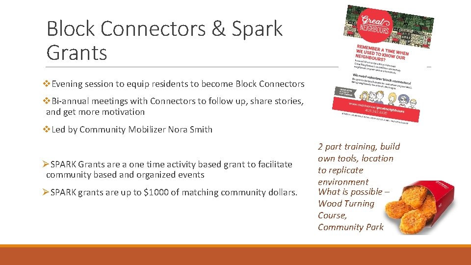 Block Connectors & Spark Grants v. Evening session to equip residents to become Block