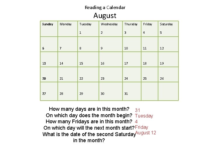 Reading a Calendar August Sunday Monday Tuesday Wednesday Thursday Friday Saturday 1 2 3