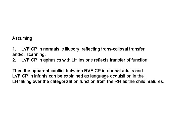 Assuming: 1. LVF CP in normals is illusory, reflecting trans-callosal transfer and/or scanning, 2.