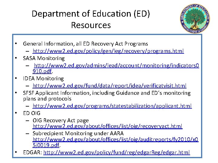 Department of Education (ED) Resources • General Information, all ED Recovery Act Programs –