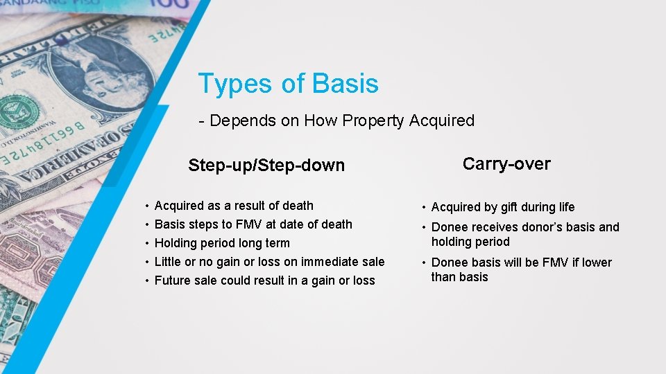 Types of Basis - Depends on How Property Acquired Step-up/Step-down • • • Acquired