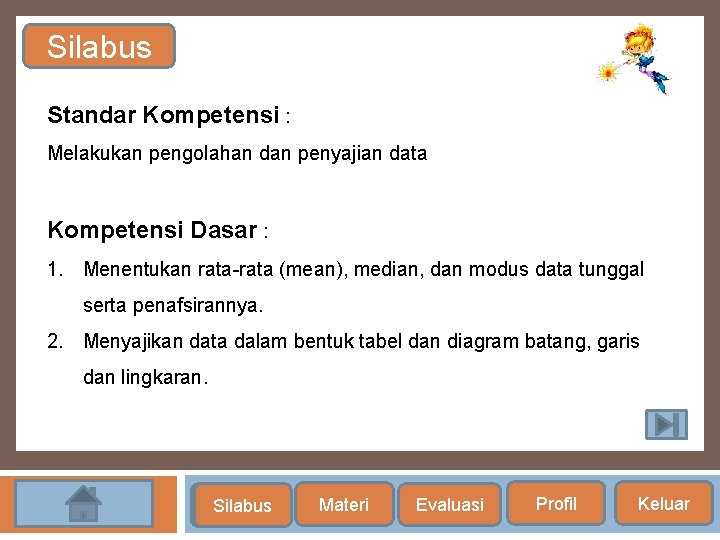 Silabus Standar Kompetensi : Melakukan pengolahan dan penyajian data Kompetensi Dasar : 1. Menentukan