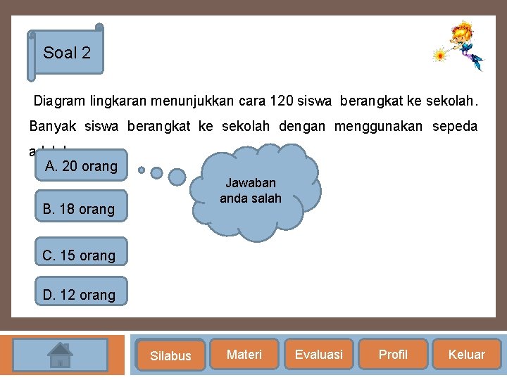 Soal 2 Diagram lingkaran menunjukkan cara 120 siswa berangkat ke sekolah. Banyak siswa berangkat