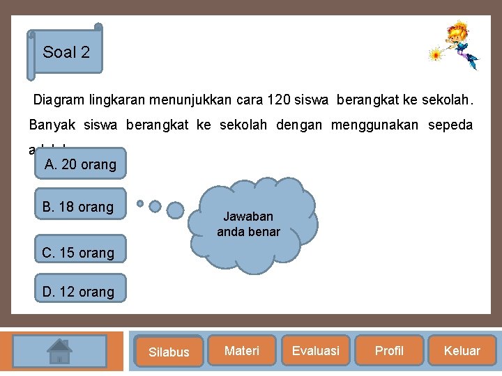 Soal 2 Diagram lingkaran menunjukkan cara 120 siswa berangkat ke sekolah. Banyak siswa berangkat