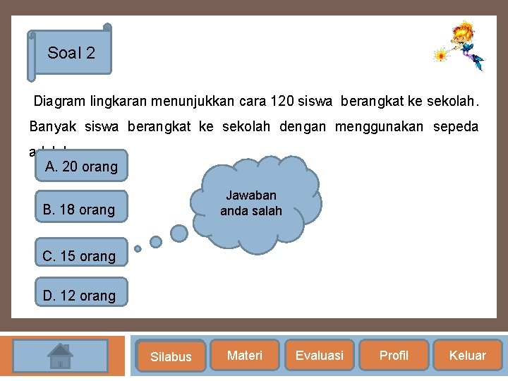 Soal 2 Diagram lingkaran menunjukkan cara 120 siswa berangkat ke sekolah. Banyak siswa berangkat