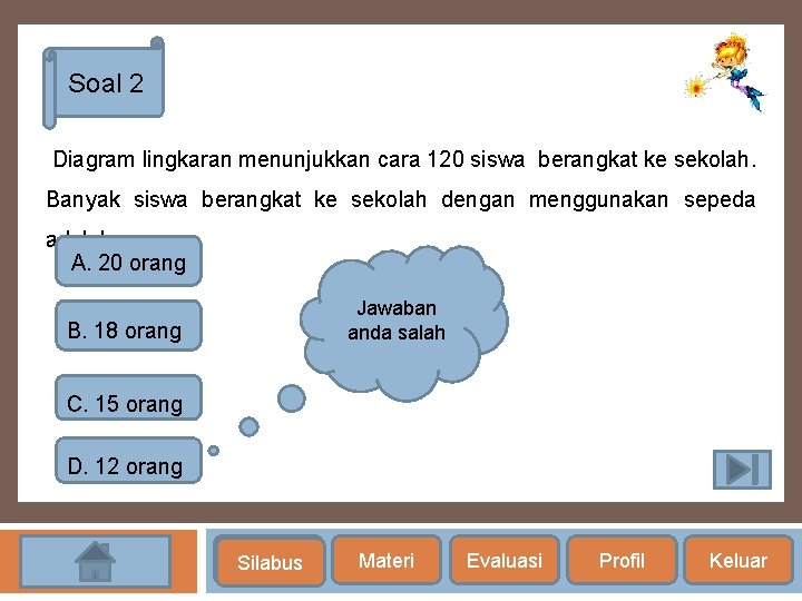 Soal 2 Diagram lingkaran menunjukkan cara 120 siswa berangkat ke sekolah. Banyak siswa berangkat