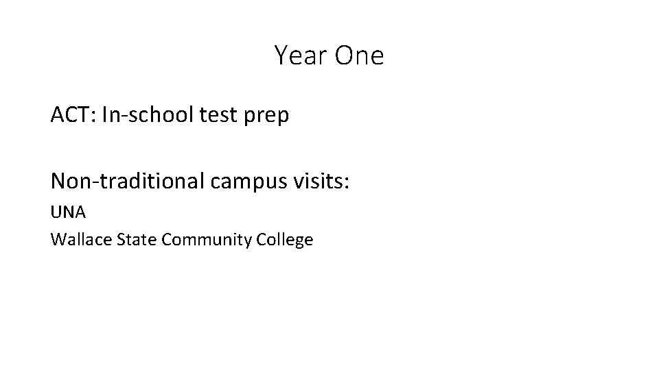 Year One ACT: In-school test prep Non-traditional campus visits: UNA Wallace State Community College