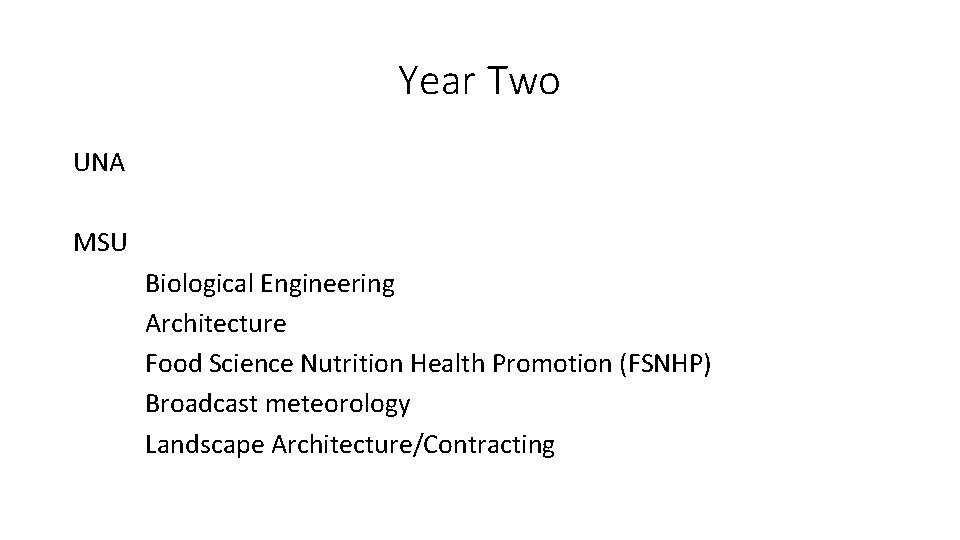 Year Two UNA MSU Biological Engineering Architecture Food Science Nutrition Health Promotion (FSNHP) Broadcast